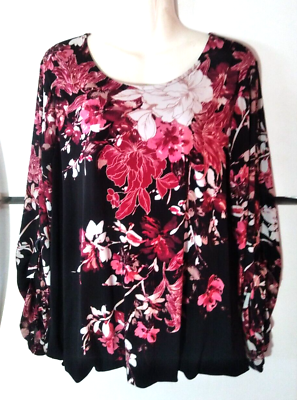 #ad WOMEN#x27;S ALFANI BLACK WITH FLORAL PRINT LONG TIE RING CHIFFON SLEEVE TOP SIZE XL $34.99