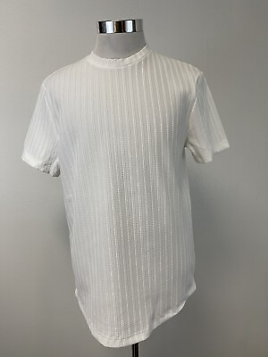 #ad River Island Shirt Mens Medium Tee White Striped Terry Knit Short Sleeve N186 $7.92