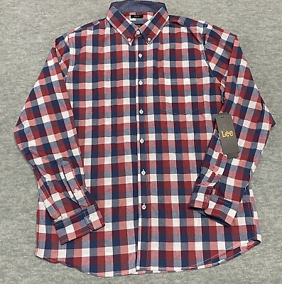 #ad Lee Shirt Mens Large Plaid Long Sleeve Red Blue Checks Stretch New Shirt Button $12.77