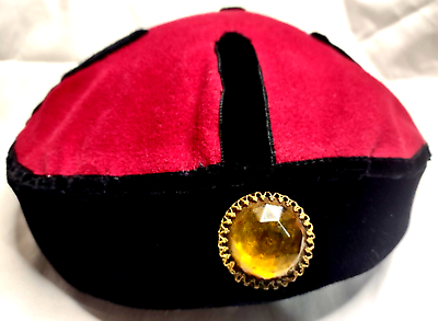 #ad 1960s Oval Pillbox Hat VTG Maroon Red Felt Black Velvet Band Yellow Jewel Front $39.99