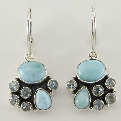 #ad 925 Sterling Silver Blue Larimar and Blue Topaz Leverback Earrings #616 $39.00