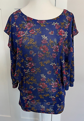 #ad FREE PEOPLE Womens Knit TOP Long Sleeve BLUE Orange Yellow Ruffle FLORAL Size S $19.99