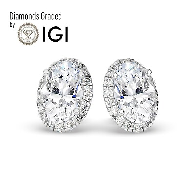 #ad Oval 6ct Solitaire Halo 18K White Gold Studs Earrings Lab grown IGI Certified $4461.20