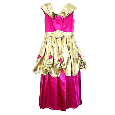 #ad Handmade Girls Princess Dress Costume Satin Deep Pink Gold Roses Size 6 7 $24.99