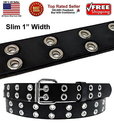 #ad Women 2 Holes Row Grommet Black Bonded Slim 1quot; Width Leather Belt $8.88