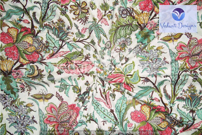#ad 5 Yard Indian Cotton White Fabric Block Floral Print Dressmaking $29.55