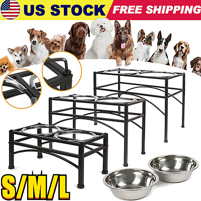 #ad Stainless Steel Elevated Raised Dog Pet Feeder Double Bowl Food Water Stand Tray $33.99