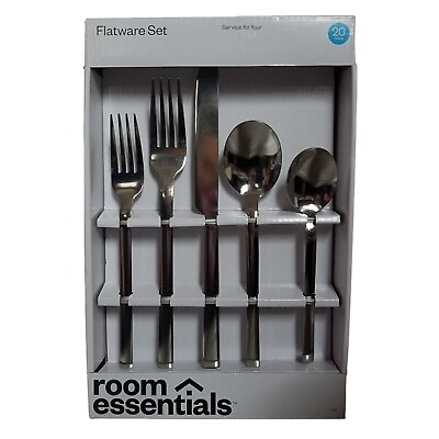 #ad Stainless Steel Squared Straight 20 piece Flatware Set Service for Four $22.74