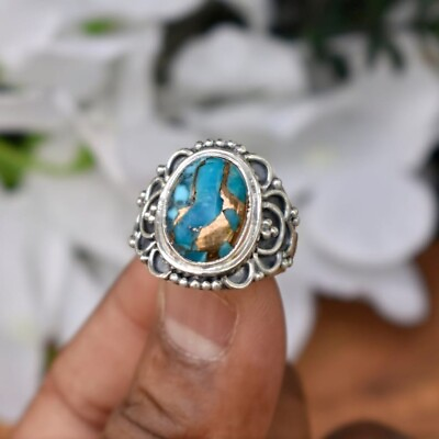 #ad 925 Sterling Silver Blue Copper Turquoise Oval shaped 100% GENUINE Ring $11.81