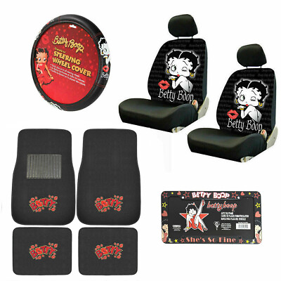 #ad 10pc Betty Boop Kiss Car Front Back Floor Mats Seat Covers Steering Wheel Cover $85.40