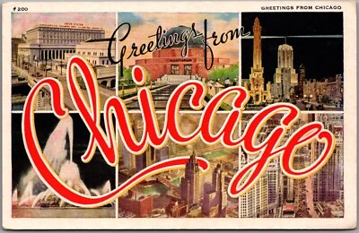 #ad c1940s CHICAGO Illinois Large Letter Greetings Postcard Multi View Linen UNUSED $4.02
