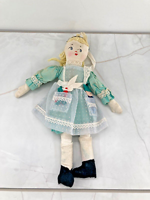 #ad Vintage Toy Cloth Artist Baby Girl Doll Handmade Fabric Blue Dress White Lace $19.99