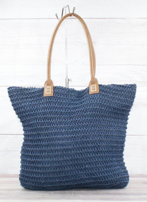 #ad Straw Studios Womens Blue Woven Straw Leather Handle Tote Handbag $32.00