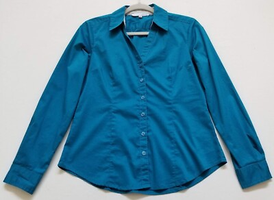 #ad Harve Benard Button Up Shirt Women’s Medium M Blue Long Sleeves Stretch Work Top $14.44
