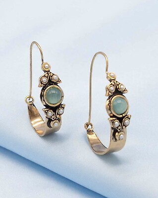 #ad Aquamarine Gold Earrings Italy Hoop Blue Deco Victorian Art Nouveau Pearl $25.81
