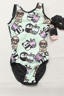 #ad Gymgear Girl#x27;s Bubble Tea Print Open Back Leotard DS1 Green Child XS 5 6 NWT $25.49