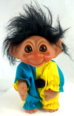 #ad Dam Norfin Troll Doll 9quot; Denmark 1977 Black Hair Blue Yellow Suit Black Pom $41.24