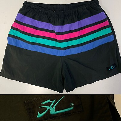 #ad Vtg 80#x27;s Hobie Black NEON Stripe Nylon Trunks Surf Board Beach Shorts XL $129.99
