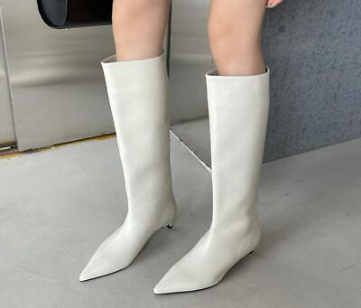 #ad Womens Fashion Winter Pointy Toe Pure Color Slip On Knee Boots Kitten Mid Heels $50.38