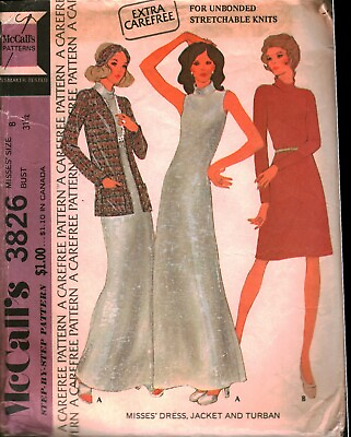 #ad 3826 Vintage McCalls SEWING Pattern Misses Dress Jacket Turban Carefree OOP Sew $5.59