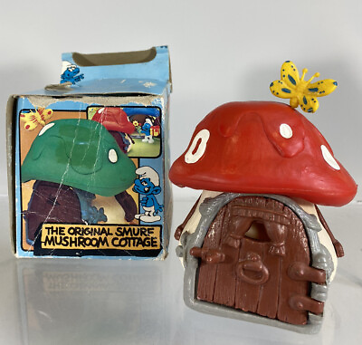 #ad Vintage Smurfs Small Original Mushroom Red Cottage House 1978 Complete With Box $104.99