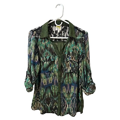 #ad Fig and Flower Button Blouse Size S Green Watercolor Camo Print Roll Tab Sleeve $6.00