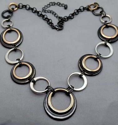 #ad Multi Metal Tone Necklace Linked Rings in Gold Silver and Gunmetal Tones $9.99