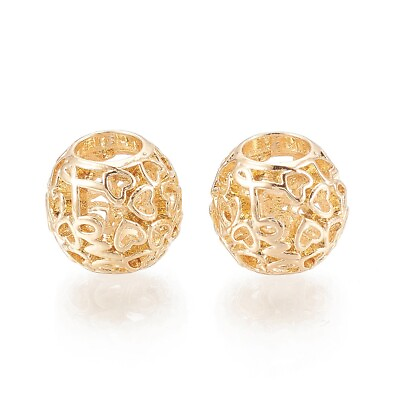 #ad 100Pcs Rondelle with Heart Golden Hollow Alloy European Large Hole Beads 11x10mm $25.69