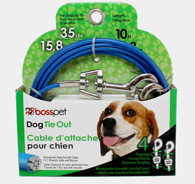 PDQ Boss Pet 10#x27; DOG TIE OUT Blue Silver Vinyl Coated Cable MEDIUM Dog 35lbs NEW $13.39