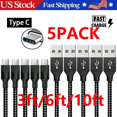 #ad 5Pack Braided USB C Type C Fast Charging Data SYNC Charger Cable Cord 3 6 10FT $15.59