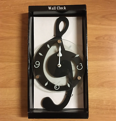#ad TREBLE CLEF Music Wall Clock Black Wood And Glass NEW $19.95