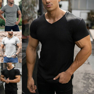 #ad New Men#x27;s T shirt V neck top short sleeved slim fit elastic sports T shirt $19.99