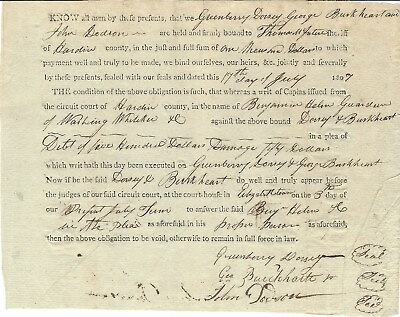 #ad Friend Of Abraham Lincoln’s Father George Burckharte Signs Bond In 1807 $165.00