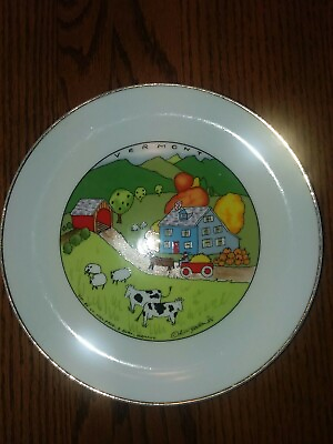 #ad Vermont Farm Scene 7.5quot; Salad Dessert Plate Americana Autumn Cows Covered Bridge $9.94