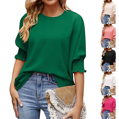 #ad Women#x27;s Summer Loose T shirt Solid Color Round Neck Half Puff Sleeve Casual Top $11.30