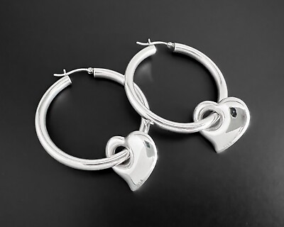 #ad 8g Vtg Medium Sterling Silver Dangle Puffy Heart Design Round Tube Hoop Earrings $40.00
