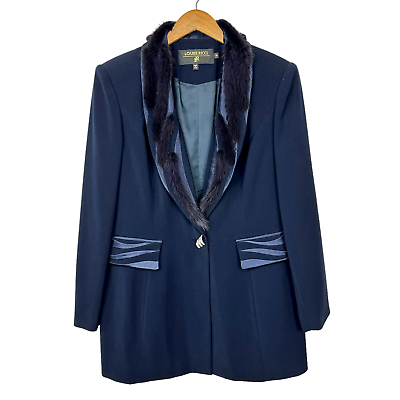 #ad Louise Ricci Vintage 16 Dark Navy Faux Fur Collar Jeweled Button Blazer Jacket $54.99