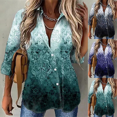 #ad Womens Tie Dye Print Long Sleeve T Shirt Tops Ladies Casual V Neck Blouse Tee US $11.59
