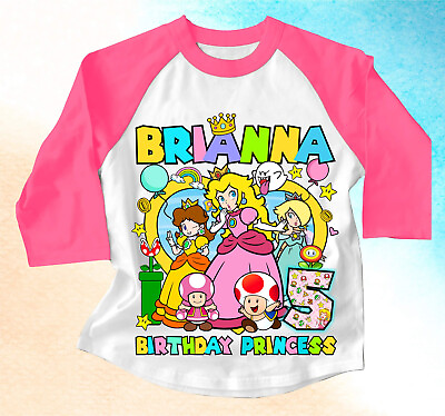 #ad Peach Princess Custom Birthday T shirt Raglan Girls size 5 Pink Sleeve $17.99