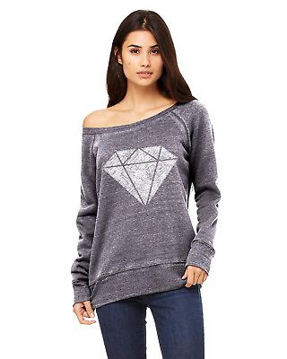 Women#x27;s Sketch Diamond Grey Wide Neck Sweatshirt C11 Cali Life Weed Rave Bling $23.99
