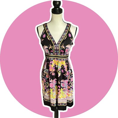 #ad Vintage Y2K I.C.E. Ice Satin Black Pink Graphic Print Womans Dress Sundress 6 6P $22.08