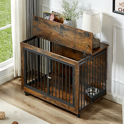 #ad Furniture Dog Cage Wooden Kennel Pet Cage with Rotatable Feeding Bowl and Wheels $249.99