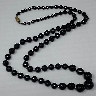 #ad Glass Bead Necklace Black Graduating Hand Knotted Beehive Barrel Vintage Long 28 $22.49
