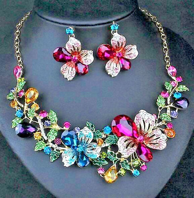 #ad #ad Superb FLORAL Bouquet RAINBOW Flower JEWEL Betsey Johnson Necklace Earrings SET $35.98