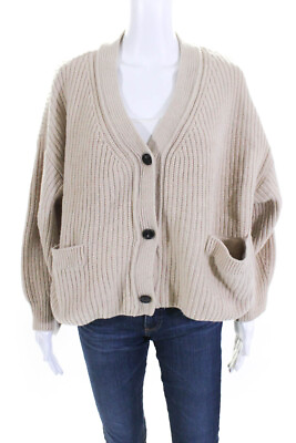 #ad Studio Tomboy Womens Knit V Neck Button Up Cardigan Sweater Beige Size M $42.69