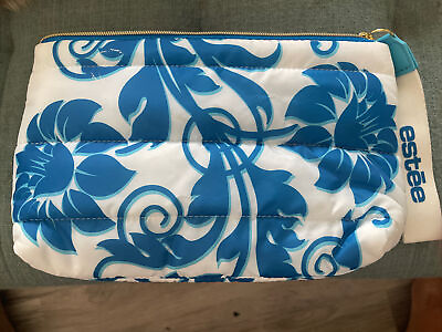 #ad Estee Lauder PUFFER Pouch Soft Make up Bag White amp; Blue Floral Design NEW $9.00