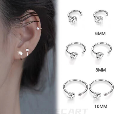#ad Elegant 999 Sterling Silver Hoop Earrings Zircon for Women Men Jewelry 6 8 10MM $3.78