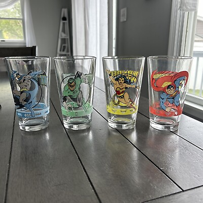 #ad ICUP Inc DC Comics Super Heroes Pint Glasses SET OF 4 Bat Green Wonder Super $24.95