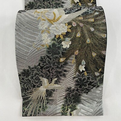 #ad Woman Japanese Kimono Fukuroobi Silk Peacock Flower Gold Silver Thread Foil $123.50