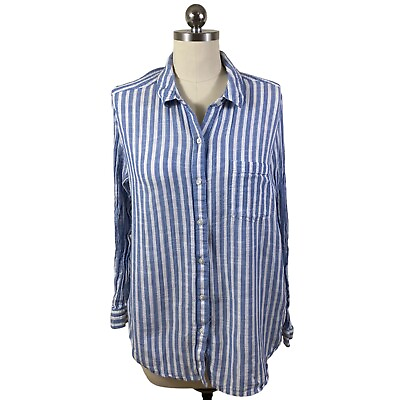 #ad Lucky Brand Button Down Shirt Womens Medium Blue White Striped Collared Boho $12.97
